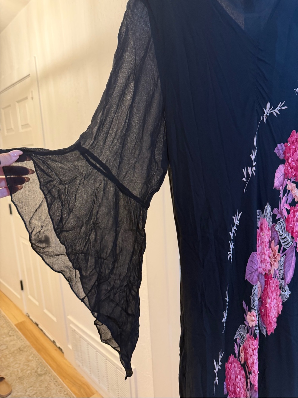 Black Floral V-Neck Maxi Dress with Pink Embroidery - Picture 2 of 3